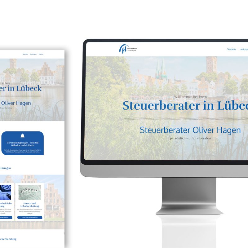 Website von Hagen Steuerberatung als Long-Screenshot, auf einem Computerbildschirm und auf einem Smartphone mit Spiegelung