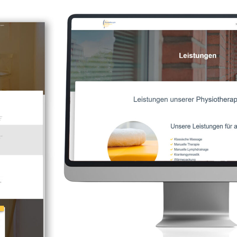 Website von Physiotherapie Nils Drawer als Long-Screenshot, auf einem Computerbildschirm und auf einem Smartphone mit Spiegelung